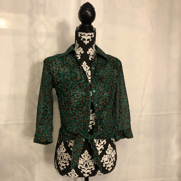 Mine Green + Animal Print Tie Blouse - Picture 2 of 13